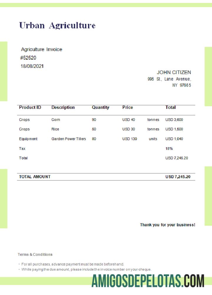 Fatura de Agricultura Urbana dos EUA exemplo real